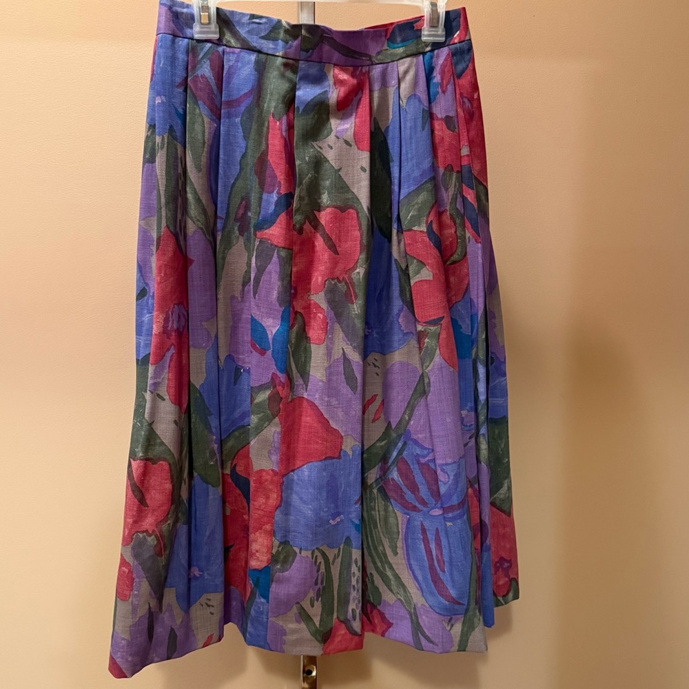 Vintage Geiger Pleated Wool Midi Skirt Sz 42 (~10) floral watercolor look D 41